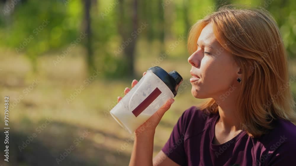 Closeup view of woman drinking protein cocktail from bottle outdoors in the forest. Slow motion of Caucasian lady recovering forces after training having special sportive beverage. Fitness theme Closeup view of woman drinking protein cocktail from bottle outdoors in the forest. Slow motion of Caucasian lady recovering forces after training having special sportive beverage. Fitness theme