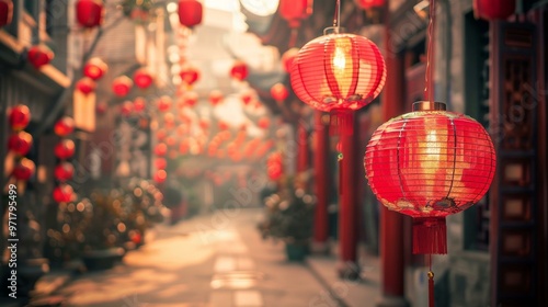 Wallpaper Mural  Festive red lanterns hanging in the street during holiday celebration in an Asian city, symbolizing light and travel Torontodigital.ca