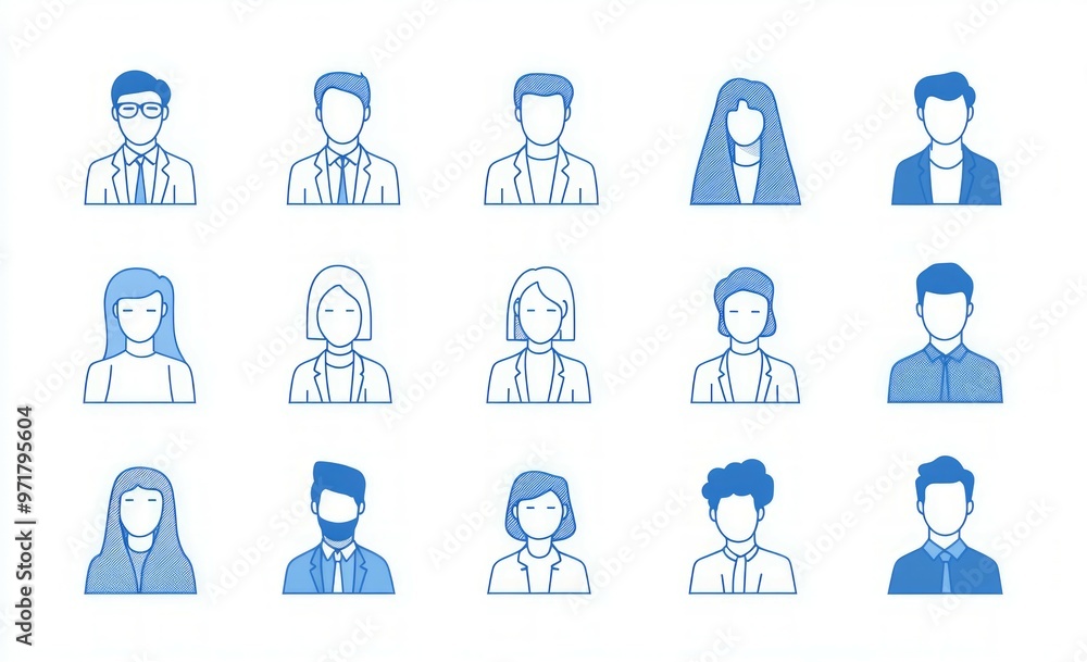Minimalist line art icon set of avatar people, business people in office attire with blue lines on a white background. Minimalist line art icon set of avatar people, business people in office attire with blue lines on a white background.