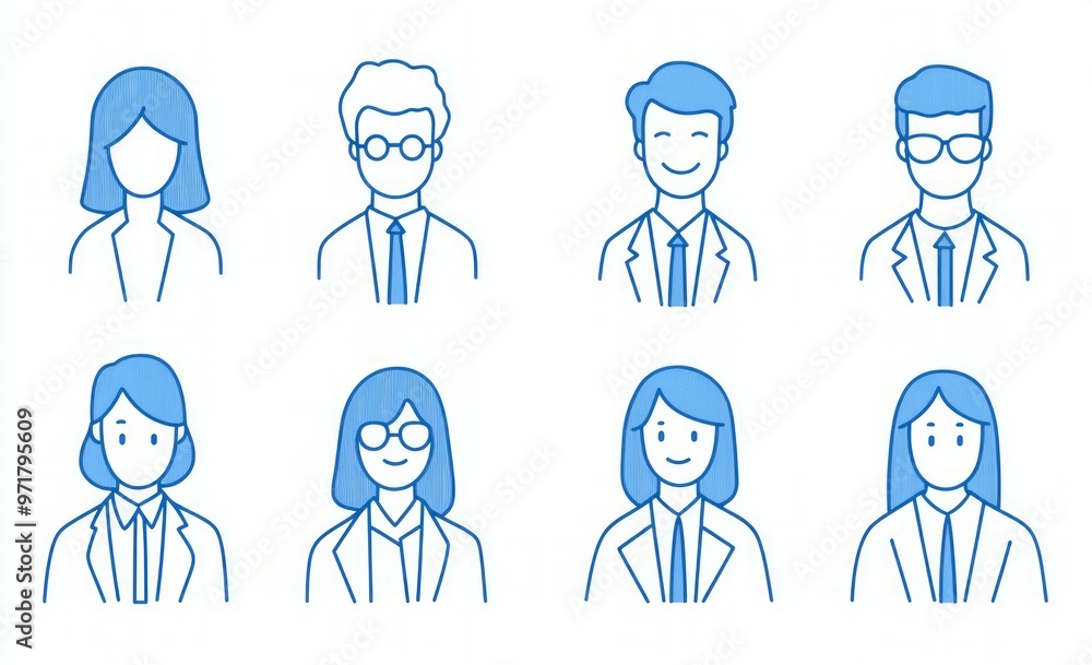 Minimalist line art icon set of avatar people, business people in office attire with blue lines on a white background. Minimalist line art icon set of avatar people, business people in office attire with blue lines on a white background.