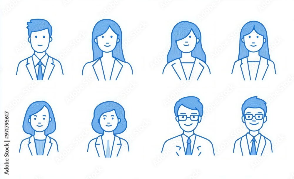Minimalist line art icon set of avatar people, business people in office attire with blue lines on a white background. Minimalist line art icon set of avatar people, business people in office attire with blue lines on a white background.