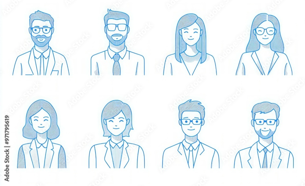 Minimalist line art icon set of avatar people, business people in office attire with blue lines on a white background. Minimalist line art icon set of avatar people, business people in office attire with blue lines on a white background.