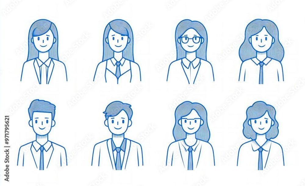 Minimalist line art icon set of avatar people, business people in office attire with blue lines on a white background. Minimalist line art icon set of avatar people, business people in office attire with blue lines on a white background.