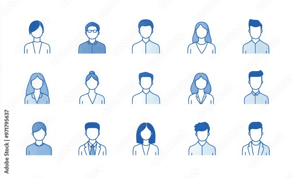 Minimalist line art icon set of avatar people, business people in office attire with blue lines on a white background.