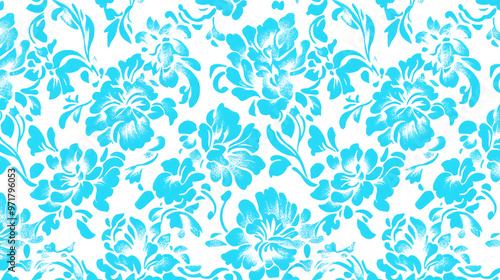 Azure Floral Pattern: A serene and sophisticated design featuring delicate blue flowers and intricate foliage on a white background. Perfect for adding a touch of elegance and tranquility to your proj photo