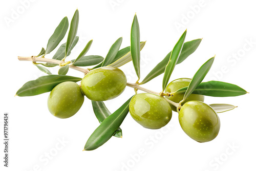 Green olives on branch. Close up an olive branch with leaves and a few shiny green olives isolated on transparent background. 