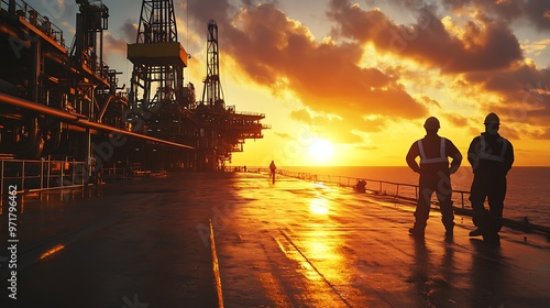 Offshore Oil Rig at Sunset with Drilling Equipment and Workers in Safety Gear 
