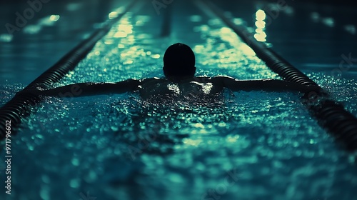 Swimmer Doing Laps in an Olympic Sized Pool for Sports and Fitness  photo