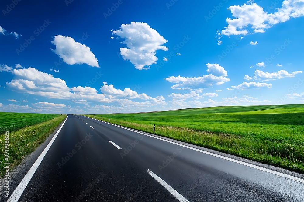 Empty asphalt road leading to horizon with green field and blue sky with white clouds, freedom concept Empty asphalt road leading to horizon with green field and blue sky with white clouds, freedom concept