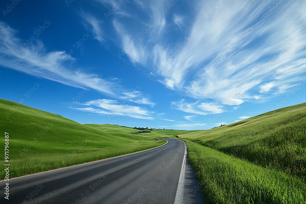 Empty Road Winding Through Green Rolling Hills with Blue Sky and Clouds Empty Road Winding Through Green Rolling Hills with Blue Sky and Clouds