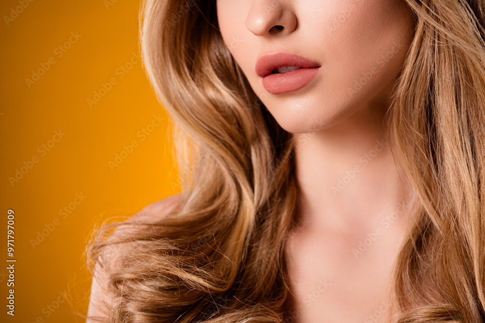 Photo of lovely charming lady matte balm on lips isolated over vibrant yellow color background Photo of lovely charming lady matte balm on lips isolated over vibrant yellow color background