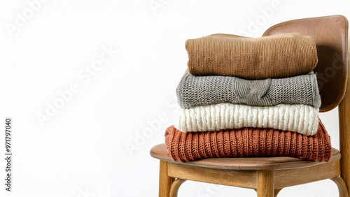 Pile of Knit Sweaters Stacked on a Wooden Chair