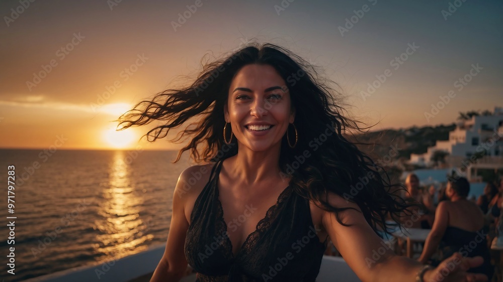 A woman, 35 years old, black hair, European, long hair, curvy body, happy, fashioned, dancing on a summer evening in a ibiza chillout lounge, dreamy A woman, 35 years old, black hair, European, long hair, curvy body, happy, fashioned, dancing on a summer evening in a ibiza chillout lounge, dreamy