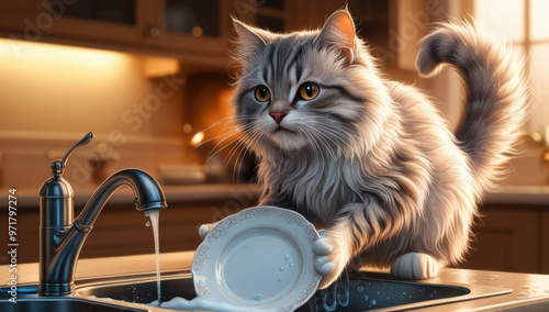 Fluffy cat washing dishes in a kitchen sink at home AI