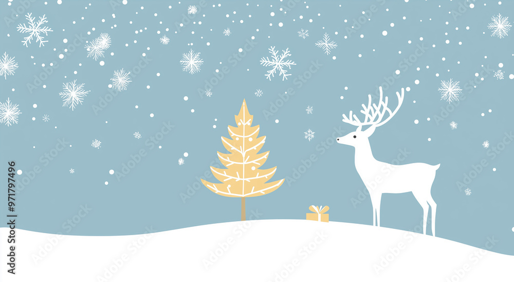 Simple winter landscape illustration with a white deer, a golden tree and falling snowflakes on a blue background. Perfect for festive themes. Simple winter landscape illustration with a white deer, a golden tree and falling snowflakes on a blue background. Perfect for festive themes.