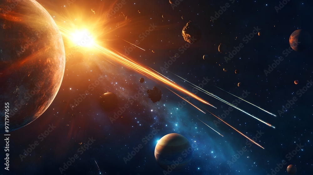 Obraz premium Solar System with Comets: The solar system with comets streaking through the scene, passing by planets and the sun.