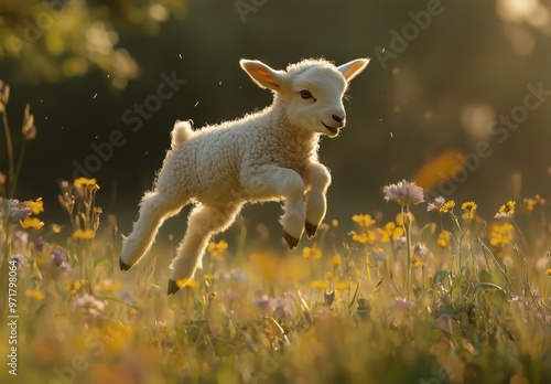 Playful lamb joyfully jumping in a colorful meadow filled with wildflowers during a sunny spring day
