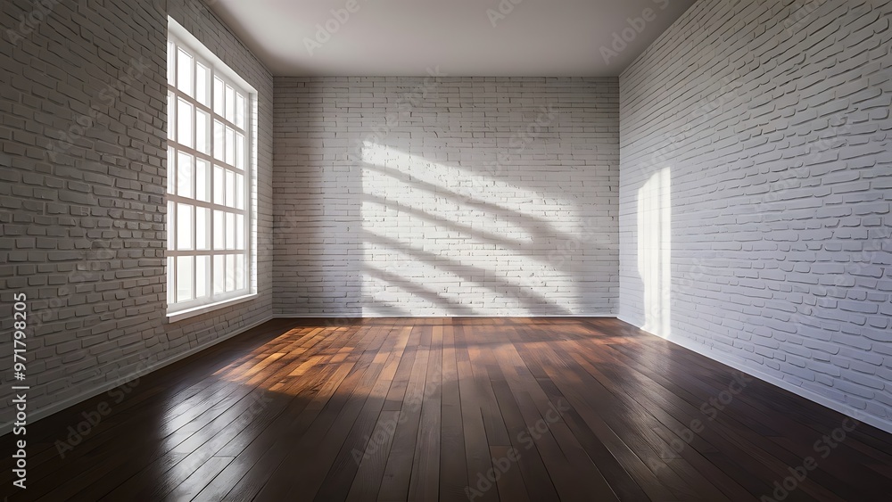 Fototapeta premium Empty room with white brick wall and wooden floor