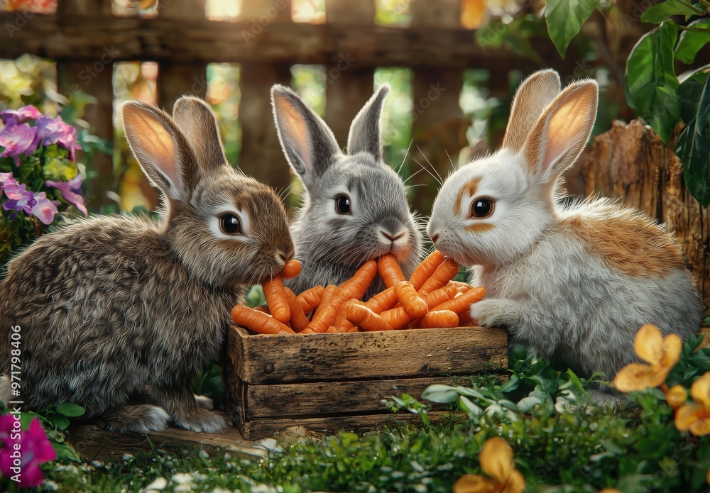 Fototapeta premium A group of rabbits enjoying fresh carrots in a vibrant garden during a sunny afternoon
