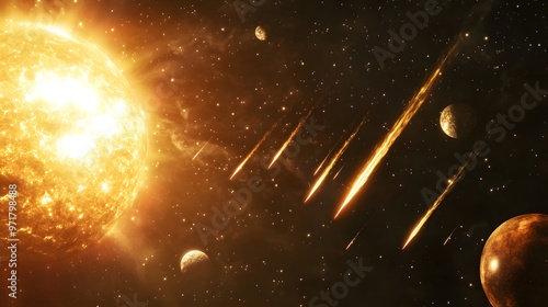 Solar System with Comets: The solar system with comets streaking through the scene, passing by planets and the sun. 