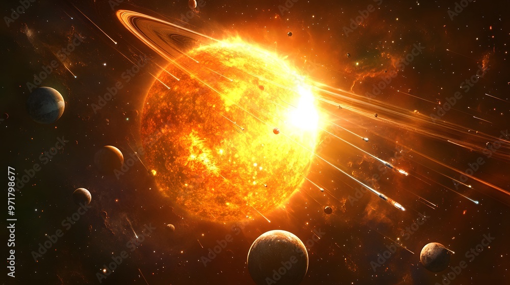 Obraz premium Solar System with Comets: The solar system with comets streaking through the scene, passing by planets and the sun. 