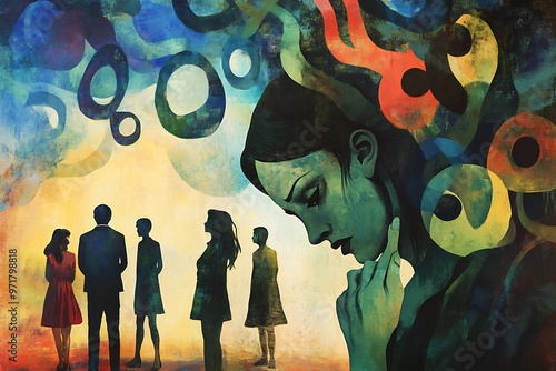 Woman feeling isolated from a group, abstract art concept of loneliness and social anxiety