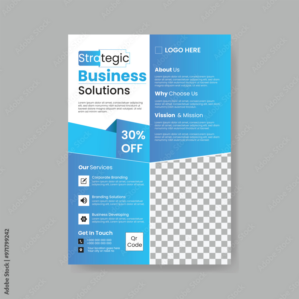 Modern business A4 size flyer design with blue, black and white color or creative brochure template design for marketing, business proposal, promotion, advertise, publication, cover page. Modern business A4 size flyer design with blue, black and white color or creative brochure template design for marketing, business proposal, promotion, advertise, publication, cover page.