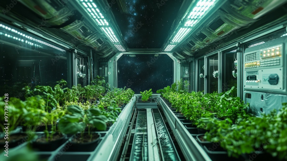 Rows of vibrant plants growing in hydroponic systems inside a space station's greenhouse module. Rows of vibrant plants growing in hydroponic systems inside a space station's greenhouse module.