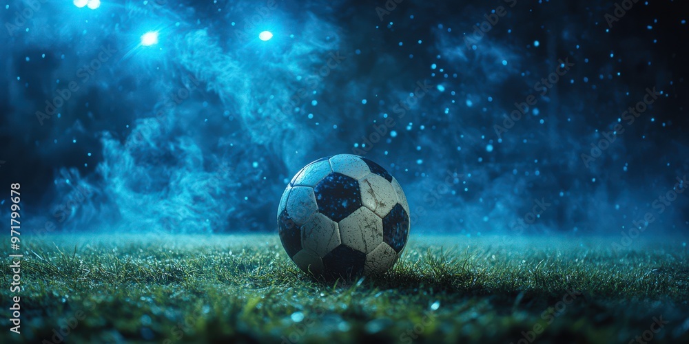 Naklejka premium Football stadium with misty atmosphere under night lighting