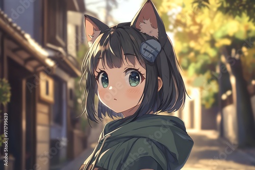 Cute anime girl with cat ears in a green hoodie walking down a street photo