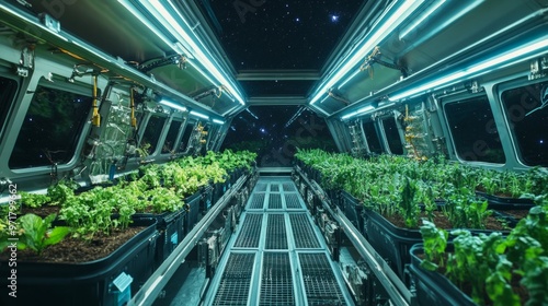 Rows of vibrant plants growing in hydroponic systems inside a space station's greenhouse module.