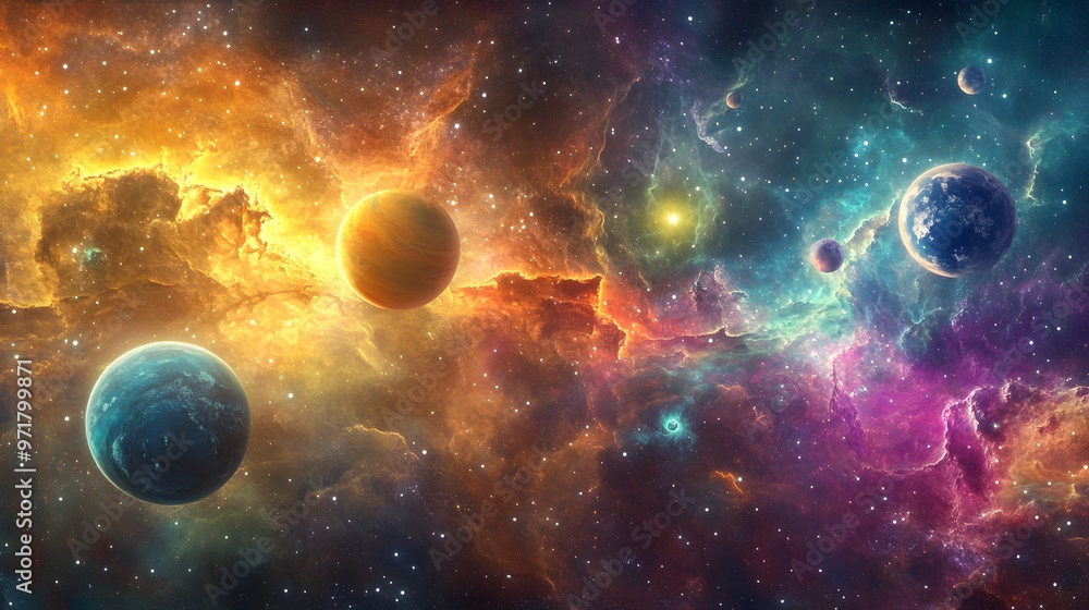 Solar System with Nebula: The solar system viewed against a colorful nebula, with the planets glowing brightly amidst the swirling gas clouds.
Solar System with Nebula: The solar system viewed against a colorful nebula, with the planets glowing brightly amidst the swirling gas clouds.