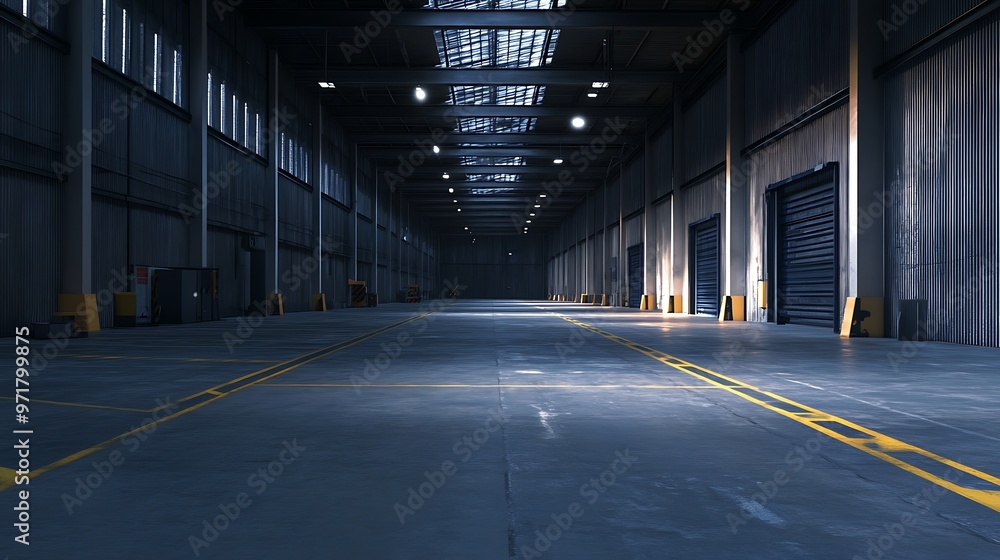 Long Empty Industrial Warehouse Corridor with Metal Doors and Bright Lights Long Empty Industrial Warehouse Corridor with Metal Doors and Bright Lights