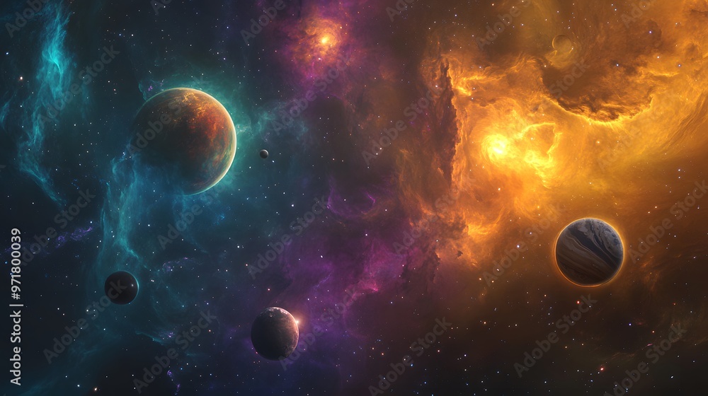 Solar System with Nebula: The solar system viewed against a colorful nebula, with the planets glowing brightly amidst the swirling gas clouds.
Solar System with Nebula: The solar system viewed against a colorful nebula, with the planets glowing brightly amidst the swirling gas clouds.