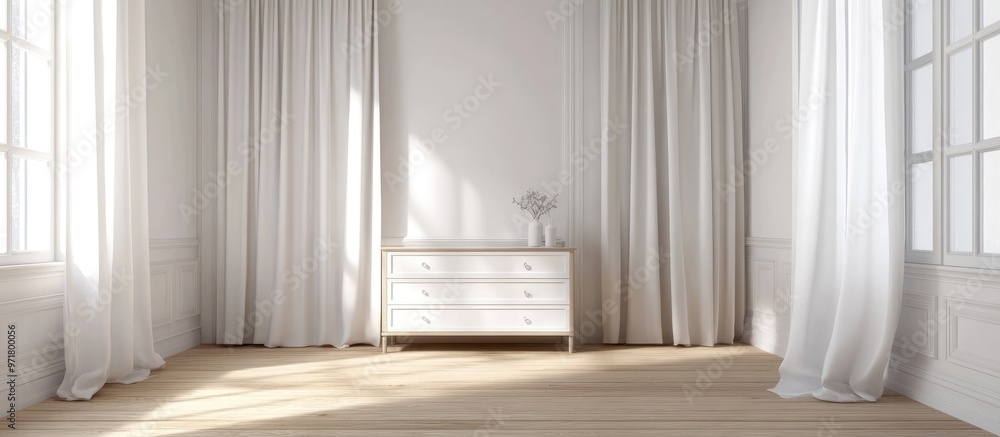 Obraz premium Minimalist interior design featuring a white empty room with a dresser on wooden flooring large wall decor and white views through curtained windows Nordic inspired background 3D illustration