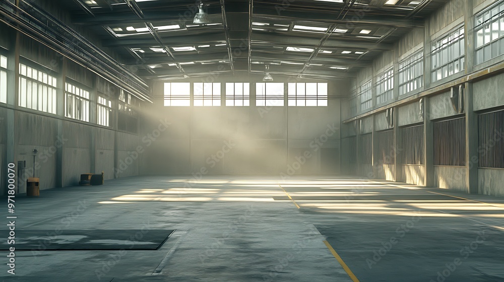 Empty warehouse with natural light shining through windows Empty warehouse with natural light shining through windows