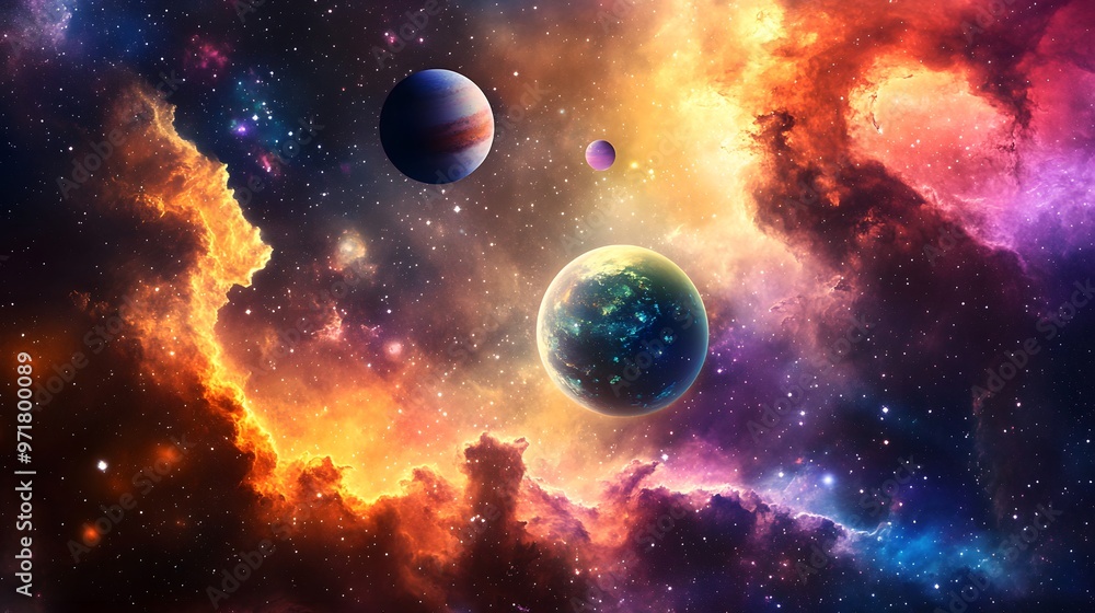 Solar System with Nebula: The solar system viewed against a colorful nebula, with the planets glowing brightly amidst the swirling gas clouds.
Solar System with Nebula: The solar system viewed against a colorful nebula, with the planets glowing brightly amidst the swirling gas clouds.