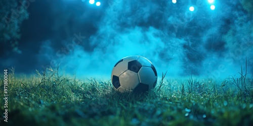 Football stadium with misty atmosphere under night lighting photo