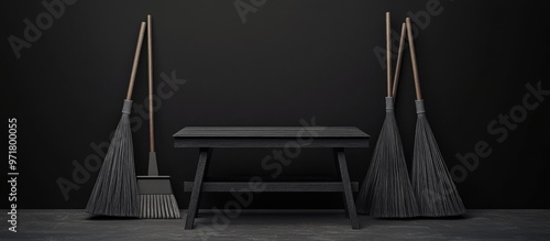 Dark gray sawhorse with brooms displayed against a black background representing a monochrome workshop and DIY tool in 3D rendering photo