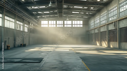 Empty warehouse with natural light shining through windows