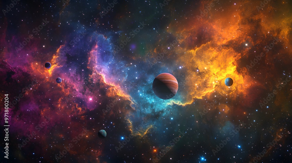 Solar System with Nebula: The solar system viewed against a colorful nebula, with the planets glowing brightly amidst the swirling gas clouds.
Solar System with Nebula: The solar system viewed against a colorful nebula, with the planets glowing brightly amidst the swirling gas clouds.