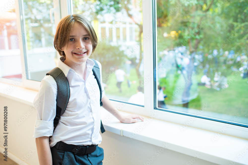 Portrait of a schoolboy with backpack standing by window at school Portrait of a schoolboy with backpack standing by window at school