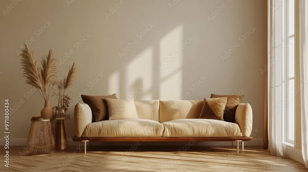 Fototapeta premium Cozy modern living room featuring a sofa and decorative accessories against a light colored wall 3D rendering