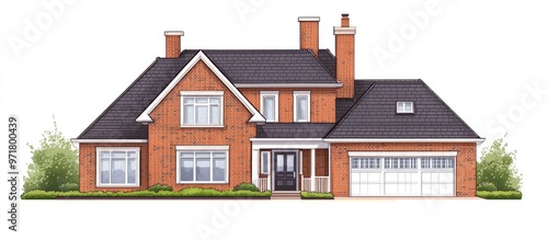 Illustration of a detailed suburban family residence featuring a mansard roof and garage Brick structure isolated on a white background photo