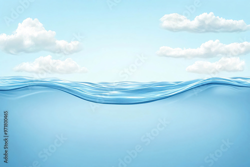 A split view of the surface of the water with a blue sky and clouds and underwater. Generated AI.