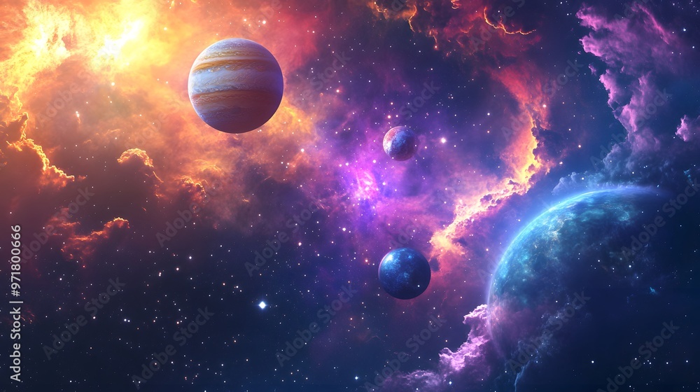 Solar System with Nebula: The solar system viewed against a colorful nebula, with the planets glowing brightly amidst the swirling gas clouds.
Solar System with Nebula: The solar system viewed against a colorful nebula, with the planets glowing brightly amidst the swirling gas clouds.