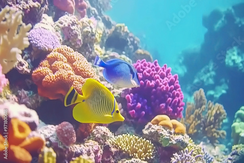 Wallpaper Mural A vibrant underwater scene featuring a yellow and black striped fish swimming next to a blue and white fish, amidst a colorful coral reef. Generated AI. Torontodigital.ca