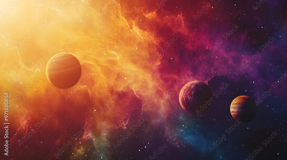 Solar System with Nebula: The solar system viewed against a colorful nebula, with the planets glowing brightly amidst the swirling gas clouds.
Solar System with Nebula: The solar system viewed against a colorful nebula, with the planets glowing brightly amidst the swirling gas clouds.
