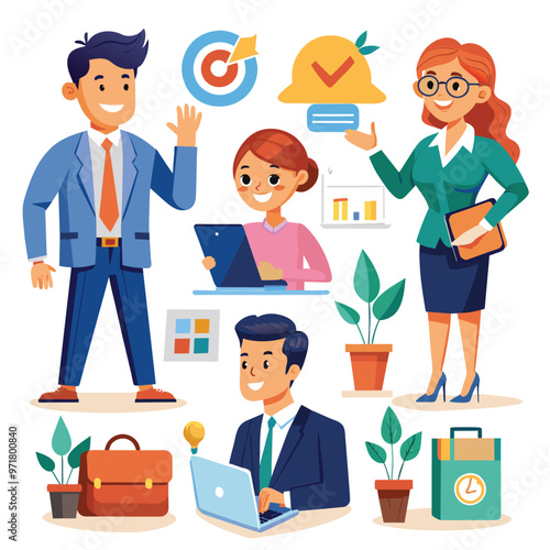 A vibrant cartoon illustration features business coaches and a young professional collaborating on strategies and skills in a cheerful office setting