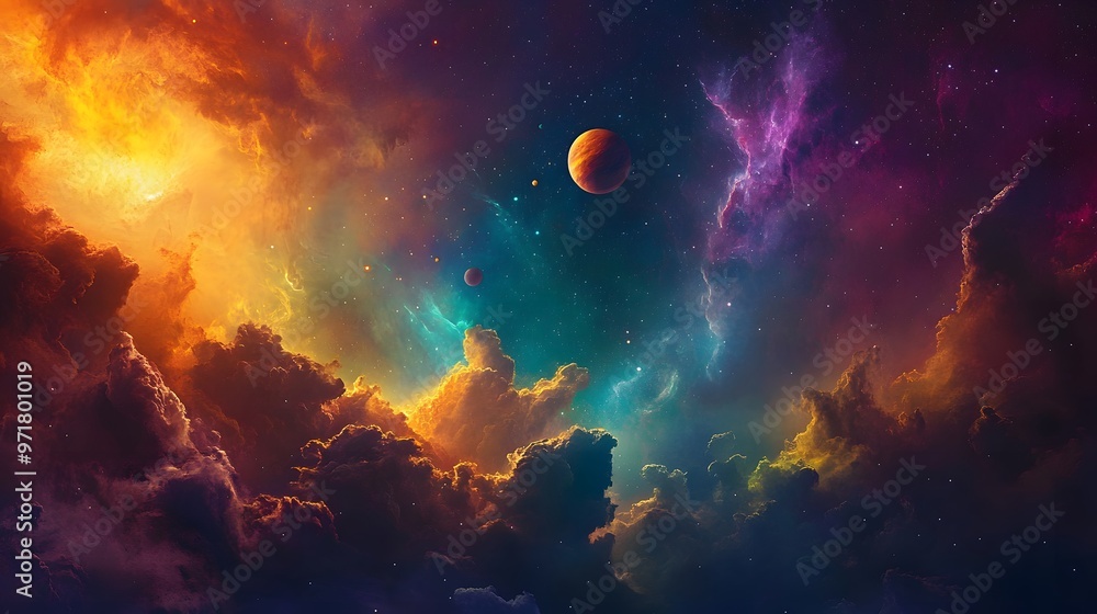 Fototapeta premium Solar System with Nebula: The solar system viewed against a colorful nebula, with the planets glowing brightly amidst the swirling gas clouds. 